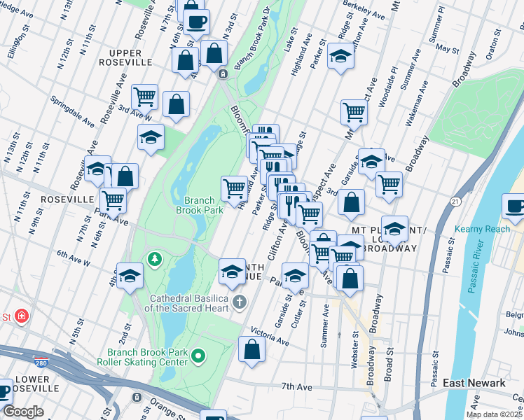 map of restaurants, bars, coffee shops, grocery stores, and more near 187 Parker Street in Newark