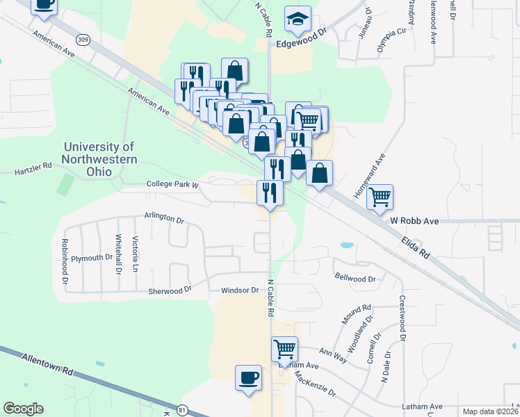 map of restaurants, bars, coffee shops, grocery stores, and more near 1441 North Cable Road in Lima