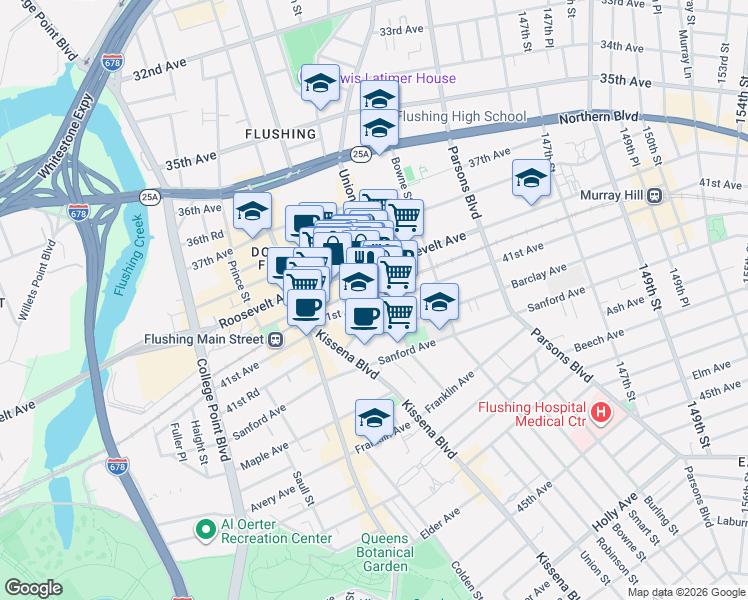 map of restaurants, bars, coffee shops, grocery stores, and more near 136-79 41st Avenue in Queens