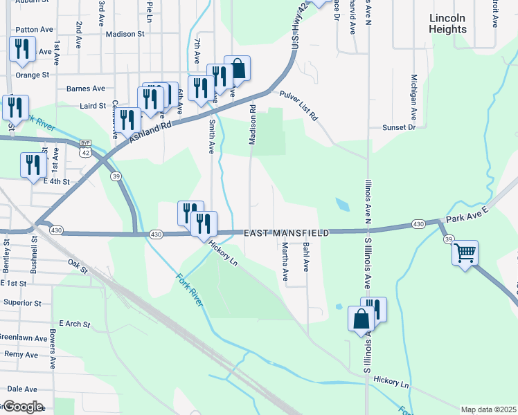 map of restaurants, bars, coffee shops, grocery stores, and more near 52 Madison Road in Mansfield