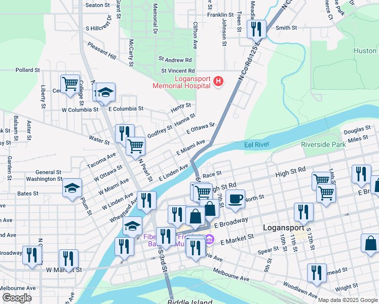 map of restaurants, bars, coffee shops, grocery stores, and more near 720 North 6th Street in Logansport
