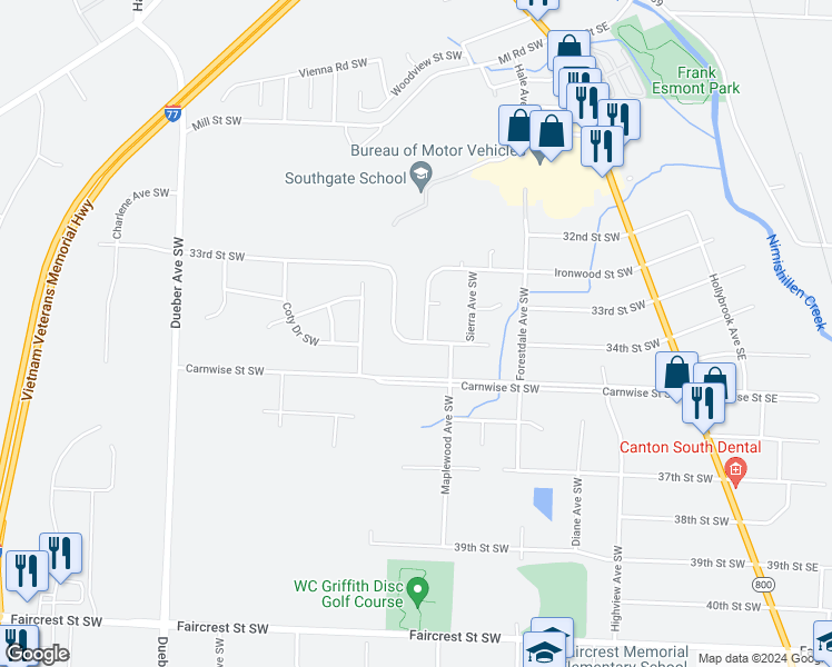 map of restaurants, bars, coffee shops, grocery stores, and more near 935 Somerset Street Southwest in Canton