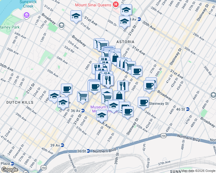 map of restaurants, bars, coffee shops, grocery stores, and more near 32-07 34th Avenue in Queens