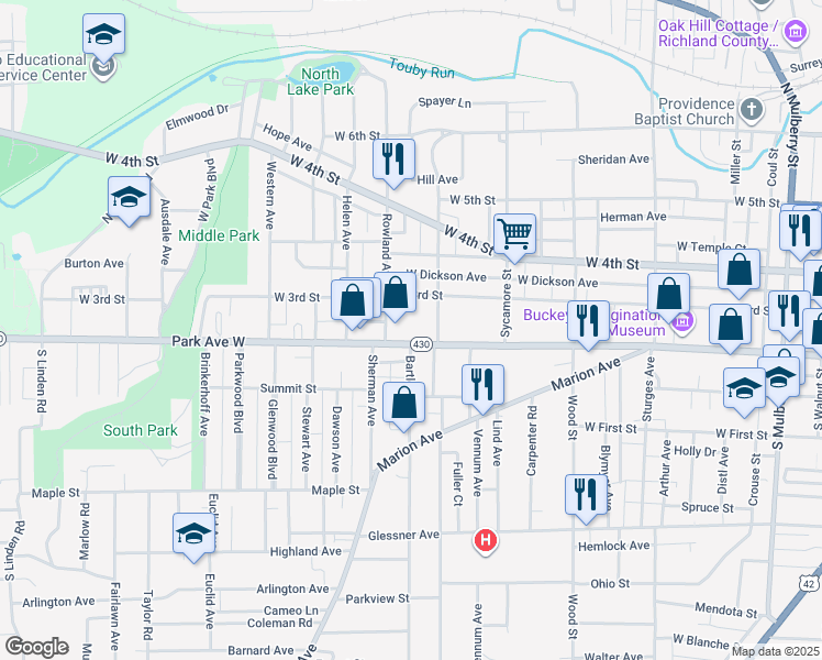 map of restaurants, bars, coffee shops, grocery stores, and more near 458 Park Avenue West in Mansfield