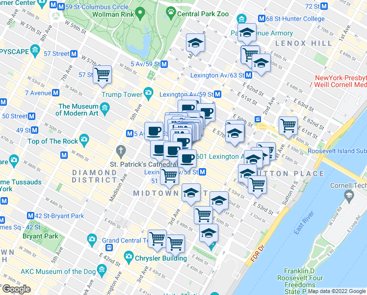 map of restaurants, bars, coffee shops, grocery stores, and more near 127 East 54th Street in New York