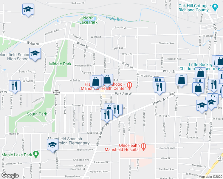 map of restaurants, bars, coffee shops, grocery stores, and more near 458 Park Ave W in Mansfield