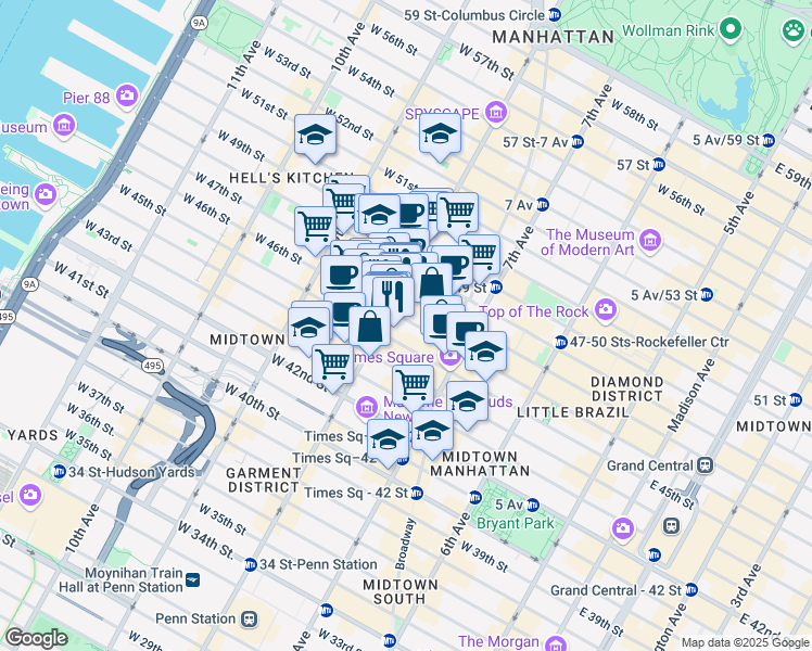 map of restaurants, bars, coffee shops, grocery stores, and more near in New York