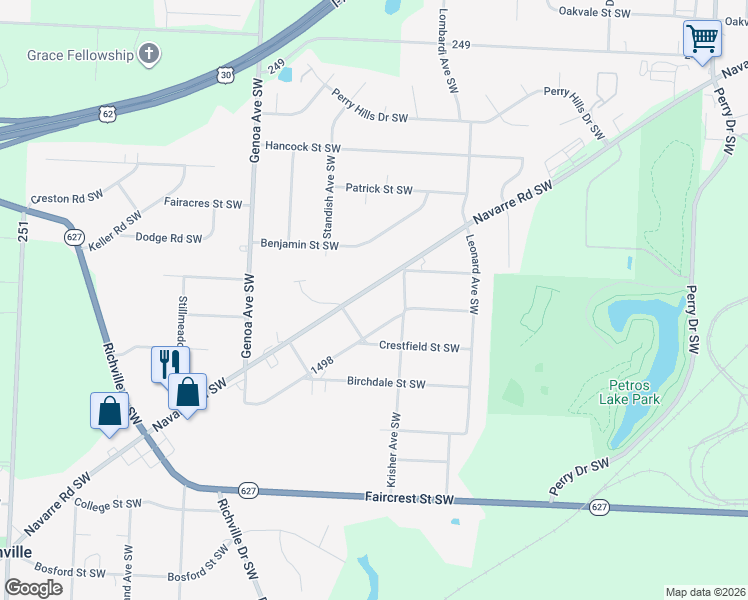 map of restaurants, bars, coffee shops, grocery stores, and more near 5770 Navarre Rd SW in Canton