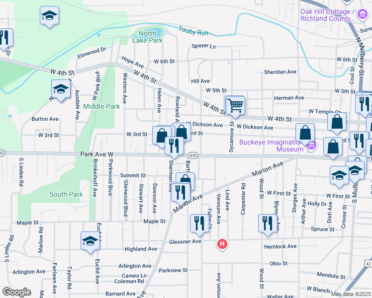 map of restaurants, bars, coffee shops, grocery stores, and more near 462 Park Avenue West in Mansfield