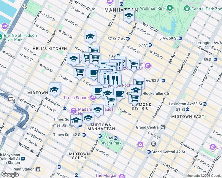 map of restaurants, bars, coffee shops, grocery stores, and more near 145 West 48th Street in New York