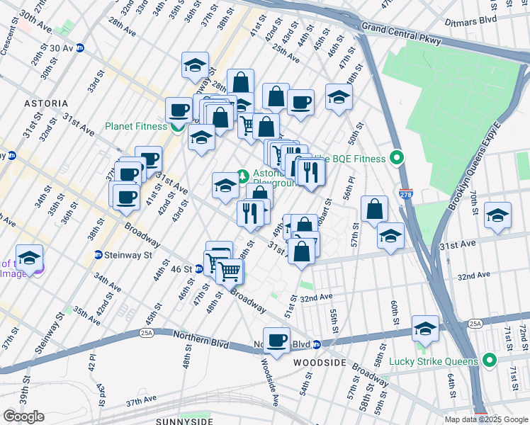 map of restaurants, bars, coffee shops, grocery stores, and more near 30-55 48th Street in Queens