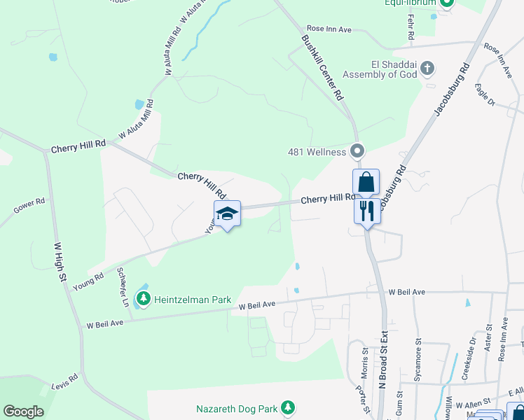 map of restaurants, bars, coffee shops, grocery stores, and more near 171 Cherry Hill Road in Nazareth