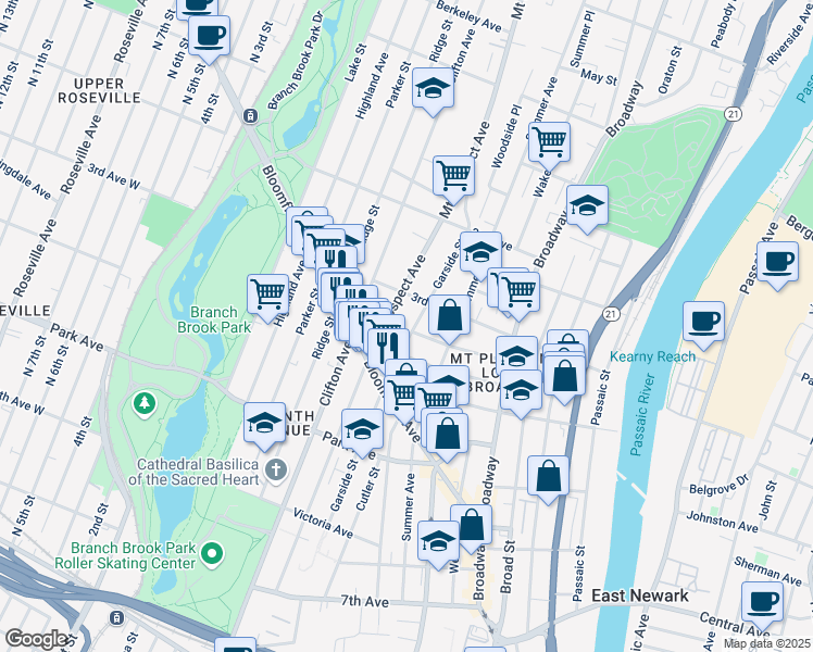 map of restaurants, bars, coffee shops, grocery stores, and more near 230 Garside Street in Newark