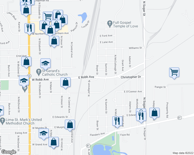 map of restaurants, bars, coffee shops, grocery stores, and more near 1299 North Jefferson Street in Lima