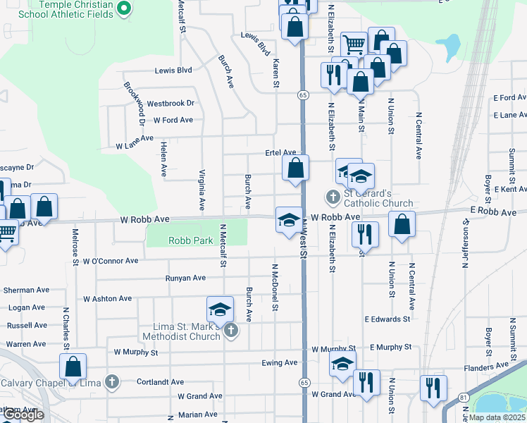 map of restaurants, bars, coffee shops, grocery stores, and more near 420 West Robb Avenue in Lima
