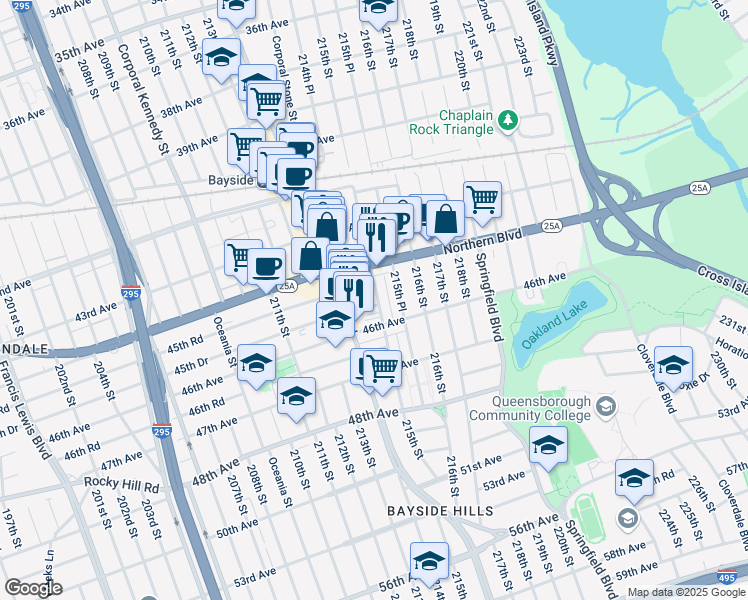 map of restaurants, bars, coffee shops, grocery stores, and more near 45-33 215th Street in Queens