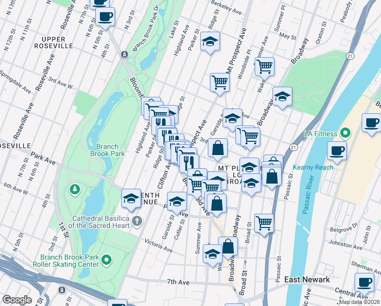 map of restaurants, bars, coffee shops, grocery stores, and more near 230 Garside Street in Newark