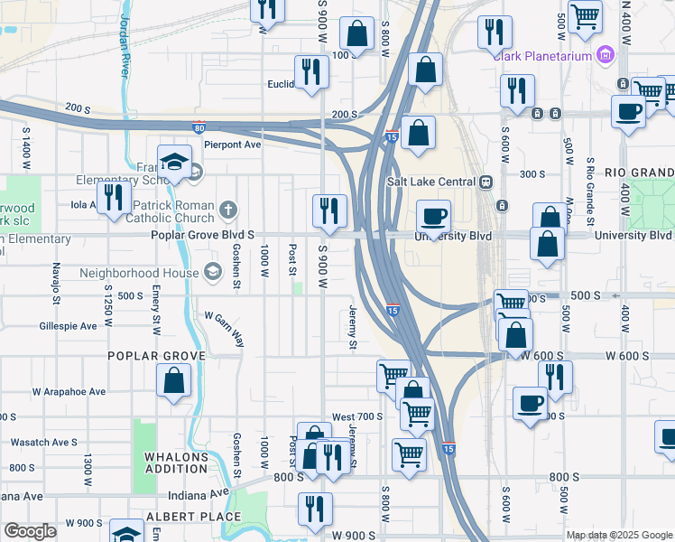 map of restaurants, bars, coffee shops, grocery stores, and more near 867 Pacific Avenue South in Salt Lake City