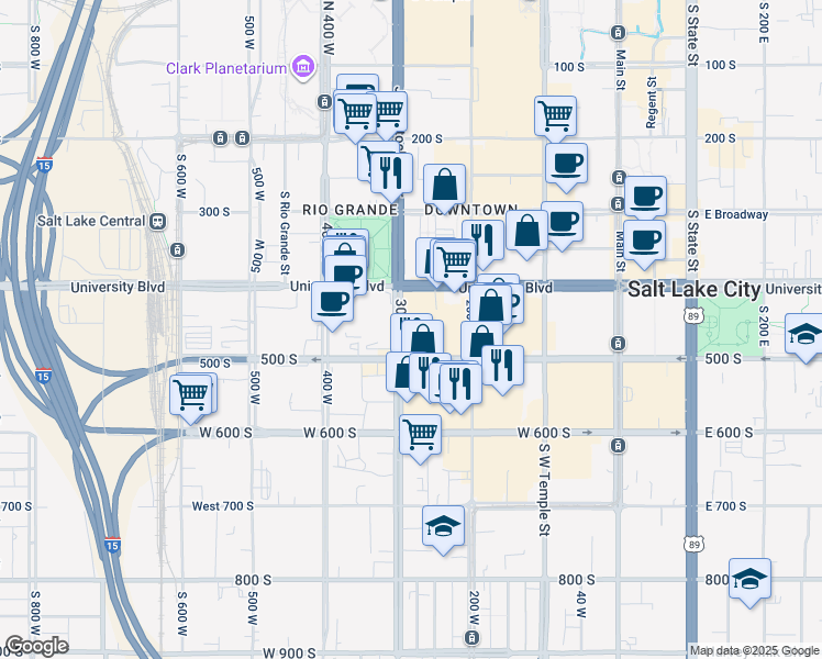 map of restaurants, bars, coffee shops, grocery stores, and more near 451 South 300 West in Salt Lake City