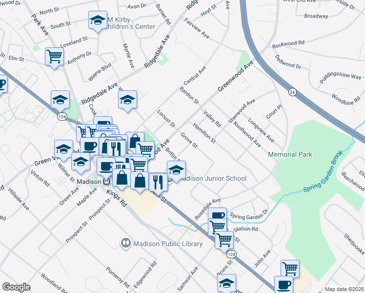map of restaurants, bars, coffee shops, grocery stores, and more near 38 Alexander Avenue in Madison