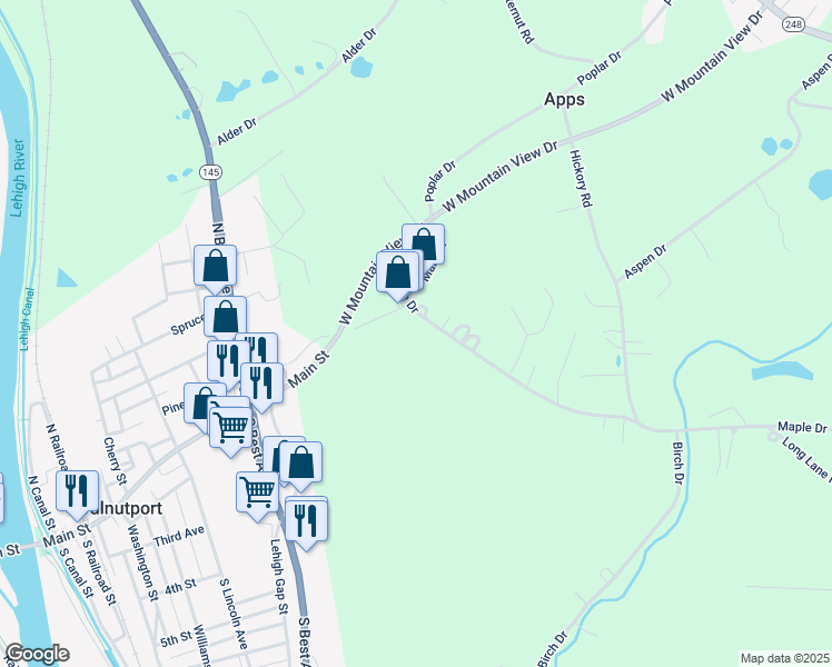 map of restaurants, bars, coffee shops, grocery stores, and more near 4837 Main Street in Walnutport
