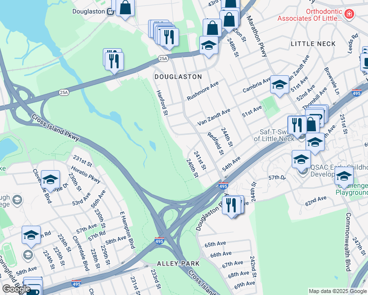 map of restaurants, bars, coffee shops, grocery stores, and more near 30 Douglaston Parkway in Queens
