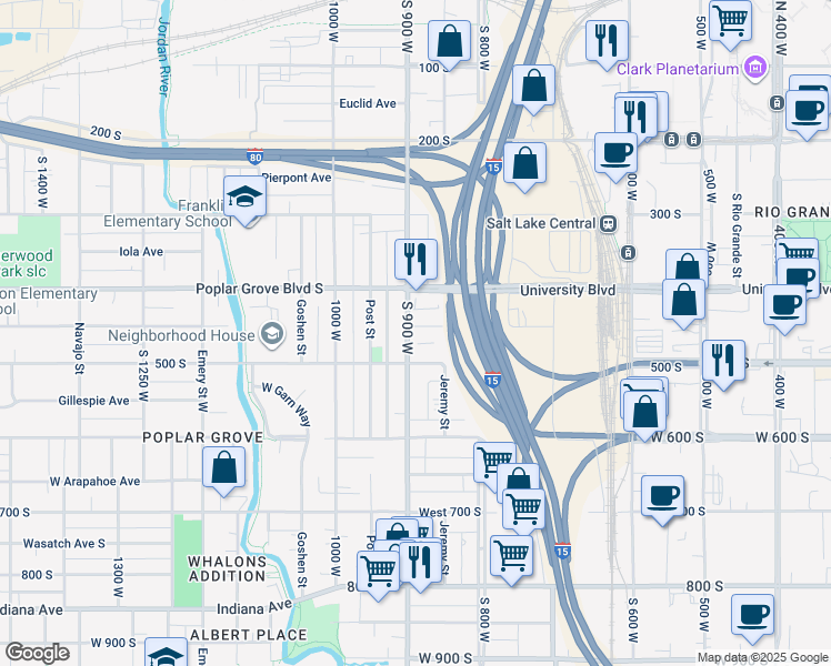 map of restaurants, bars, coffee shops, grocery stores, and more near 877 Pacific Avenue South in Salt Lake City