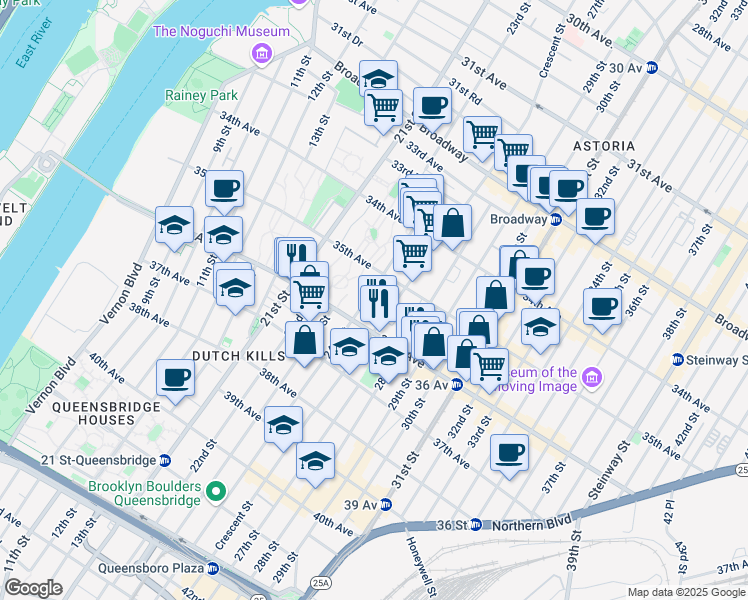 map of restaurants, bars, coffee shops, grocery stores, and more near 35-35 24th Street in Queens