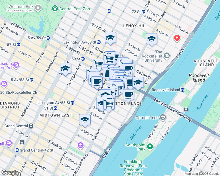 map of restaurants, bars, coffee shops, grocery stores, and more near 320 East 58th Street in New York