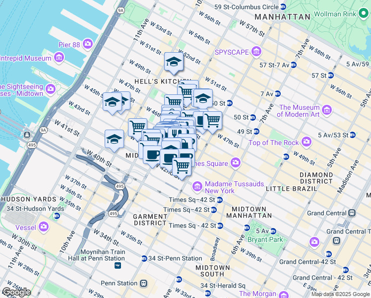 map of restaurants, bars, coffee shops, grocery stores, and more near 321 West 44th Street in New York