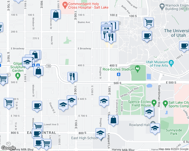 map of restaurants, bars, coffee shops, grocery stores, and more near 447 South 1200 East in Salt Lake City