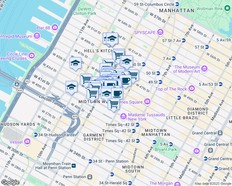 map of restaurants, bars, coffee shops, grocery stores, and more near 321 West 44th Street in New York
