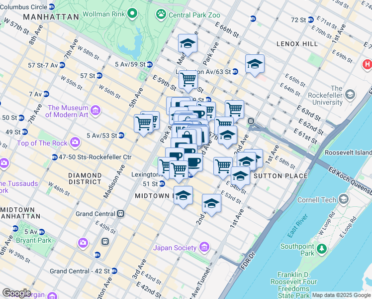 map of restaurants, bars, coffee shops, grocery stores, and more near 136 East 55th Street in New York