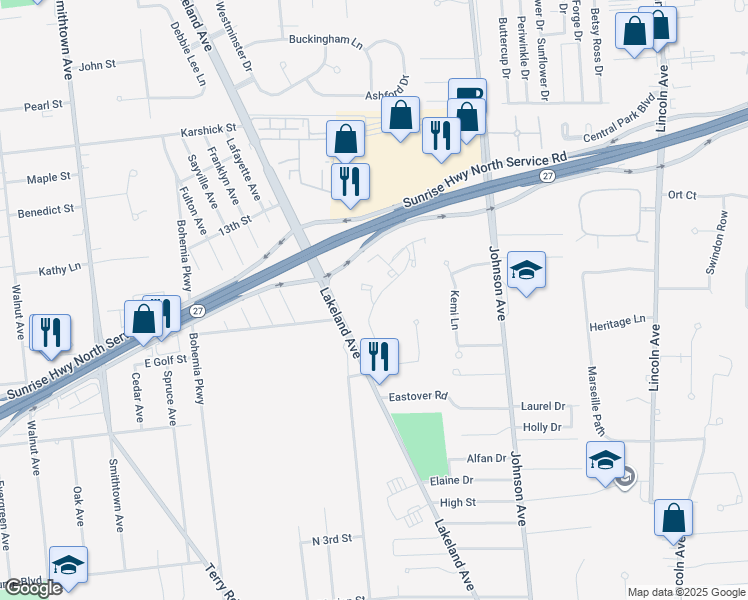 map of restaurants, bars, coffee shops, grocery stores, and more near 37 Adams Way in Sayville