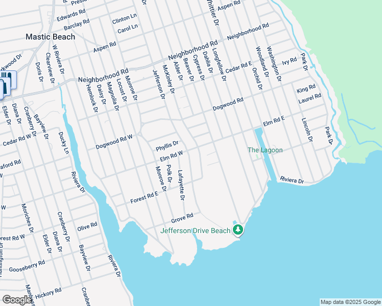 map of restaurants, bars, coffee shops, grocery stores, and more near 107 Jefferson Drive in Mastic Beach