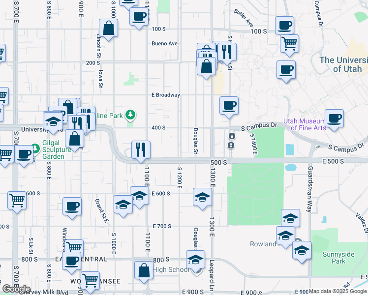 map of restaurants, bars, coffee shops, grocery stores, and more near 447 South 1200 East in Salt Lake City