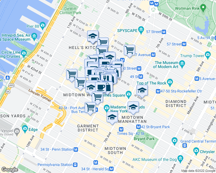 map of restaurants, bars, coffee shops, grocery stores, and more near 305 West 45th Street in New York