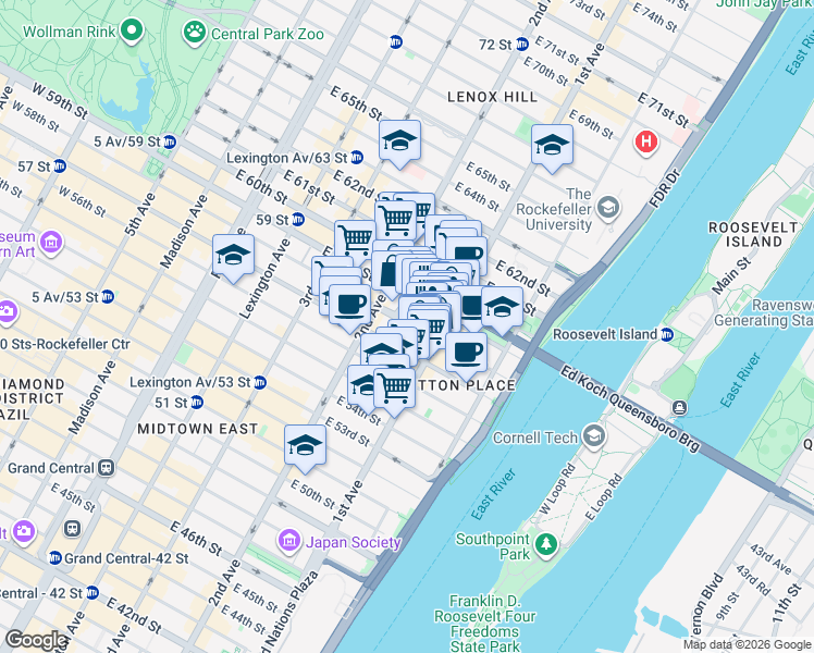 map of restaurants, bars, coffee shops, grocery stores, and more near 331 East 58th Street in New York