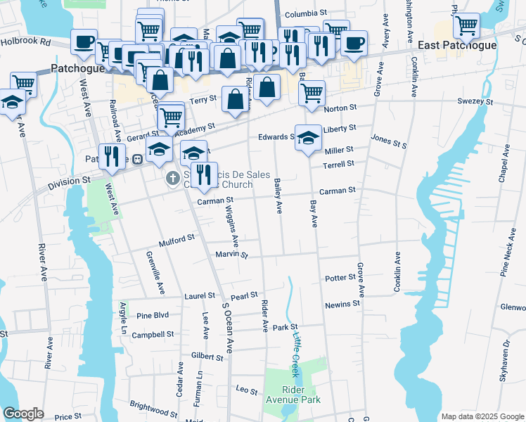 map of restaurants, bars, coffee shops, grocery stores, and more near 155 Rider Avenue in Patchogue
