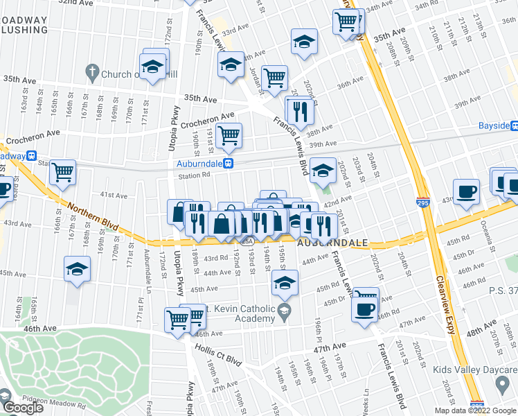 map of restaurants, bars, coffee shops, grocery stores, and more near 42-06 194th Street in Queens