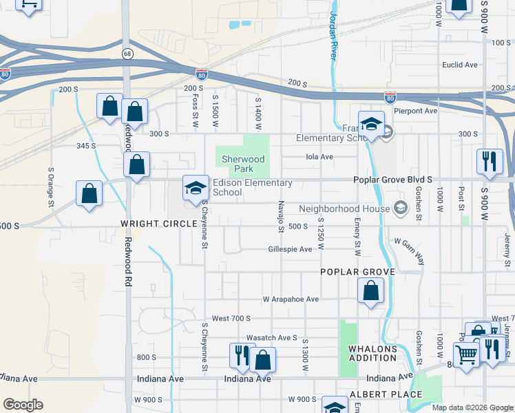 map of restaurants, bars, coffee shops, grocery stores, and more near 1403 Pacific Avenue South in Salt Lake City