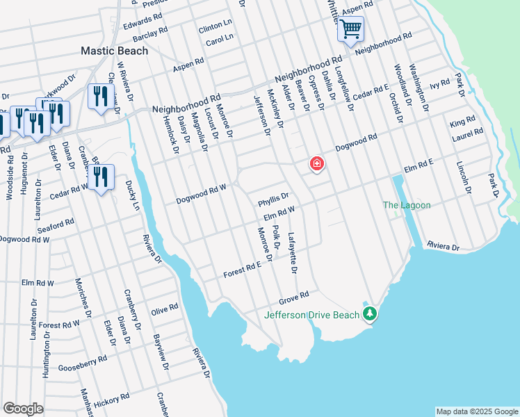 map of restaurants, bars, coffee shops, grocery stores, and more near 17 Phyllis Drive in Mastic Beach