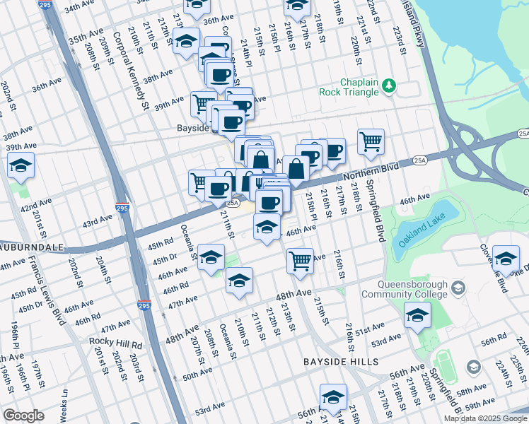 map of restaurants, bars, coffee shops, grocery stores, and more near 45-30 Bell Boulevard in Queens