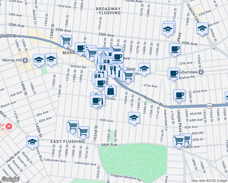 map of restaurants, bars, coffee shops, grocery stores, and more near in Queens