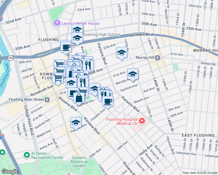 map of restaurants, bars, coffee shops, grocery stores, and more near 143-29 Barclay Avenue in Queens