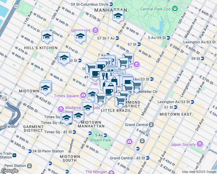 map of restaurants, bars, coffee shops, grocery stores, and more near 1221 6th Avenue in New York