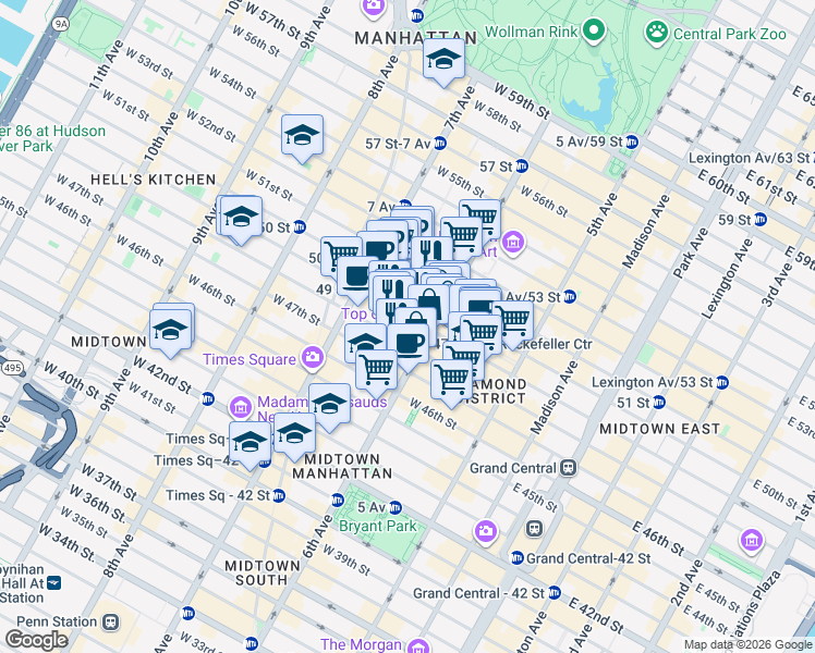 map of restaurants, bars, coffee shops, grocery stores, and more near in New York