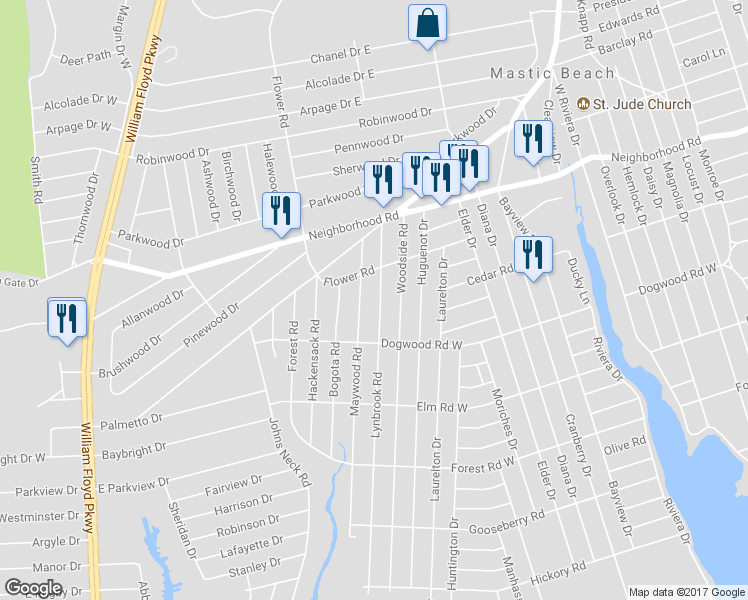 map of restaurants, bars, coffee shops, grocery stores, and more near 174 Lynbrook Drive in Mastic Beach