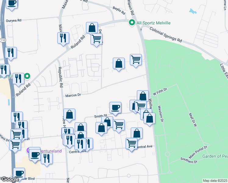 map of restaurants, bars, coffee shops, grocery stores, and more near 80 Marcus Drive in Melville