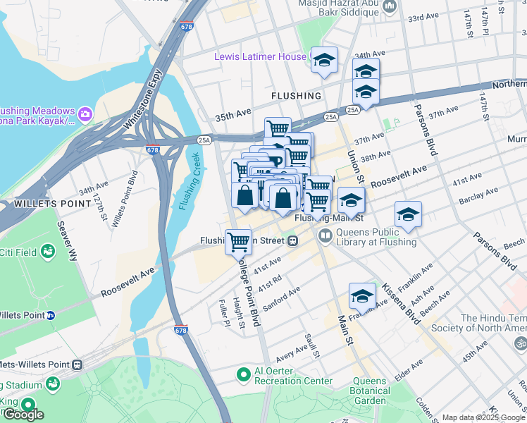 map of restaurants, bars, coffee shops, grocery stores, and more near 133-42 39th Avenue in Queens